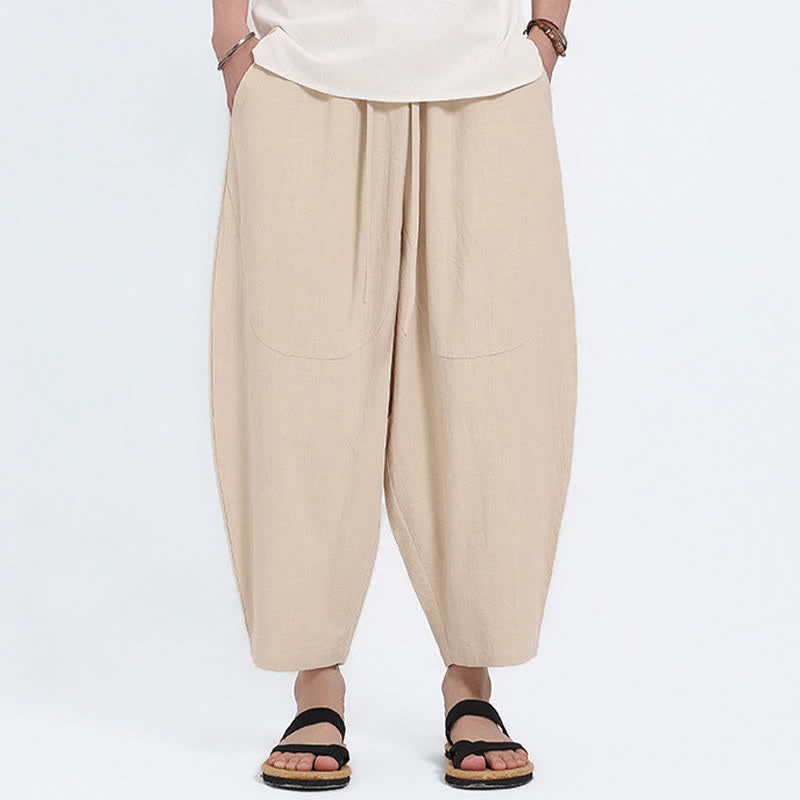 Buddha Stones Pantalones capri de algodón y lino lisos con cordón ajustable, estilo harem para hombre, con bolsillos, ideales para el verano. - Beige - US/UK/AU46, EU56 (5XL) - image 15