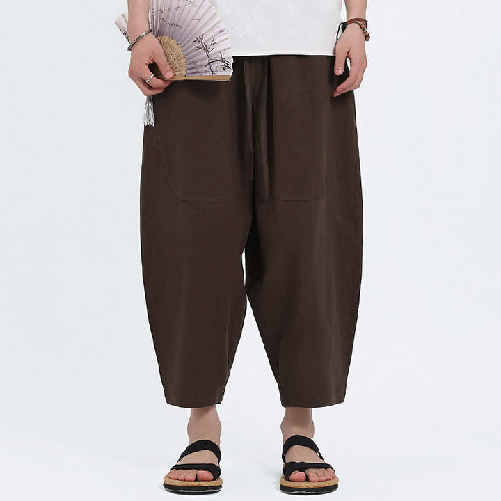 Buddha Stones Pantalones capri de algodón y lino lisos con cordón ajustable, estilo harem para hombre, con bolsillos, ideales para el verano. - image 13