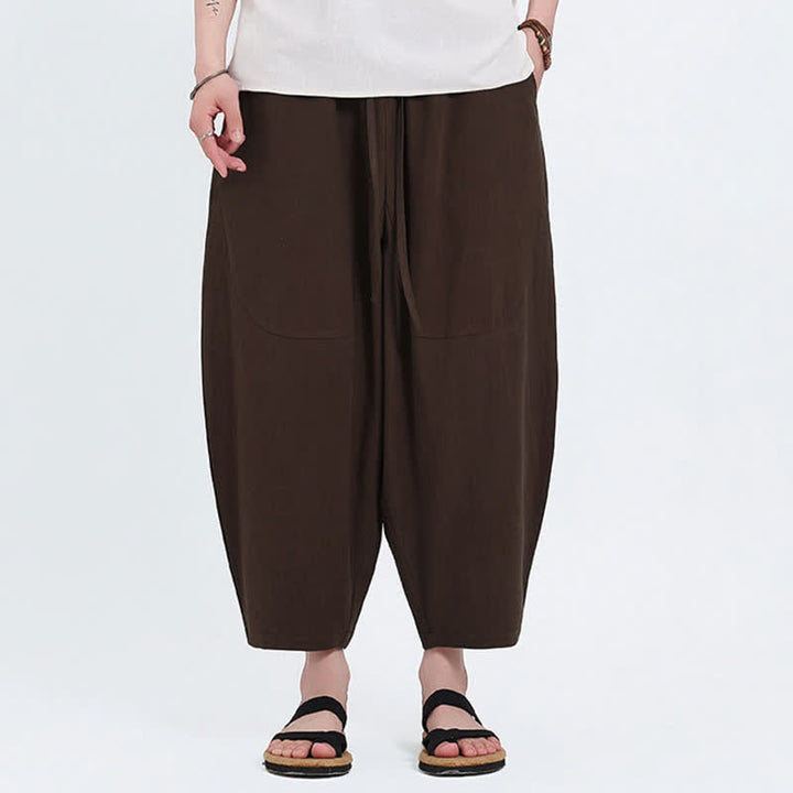 Buddha Stones Pantalones capri de algodón y lino lisos con cordón ajustable, estilo harem para hombre, con bolsillos, ideales para el verano. - Marrón silla de montar - US/UK/AU46, EU56 (5XL) - image 7