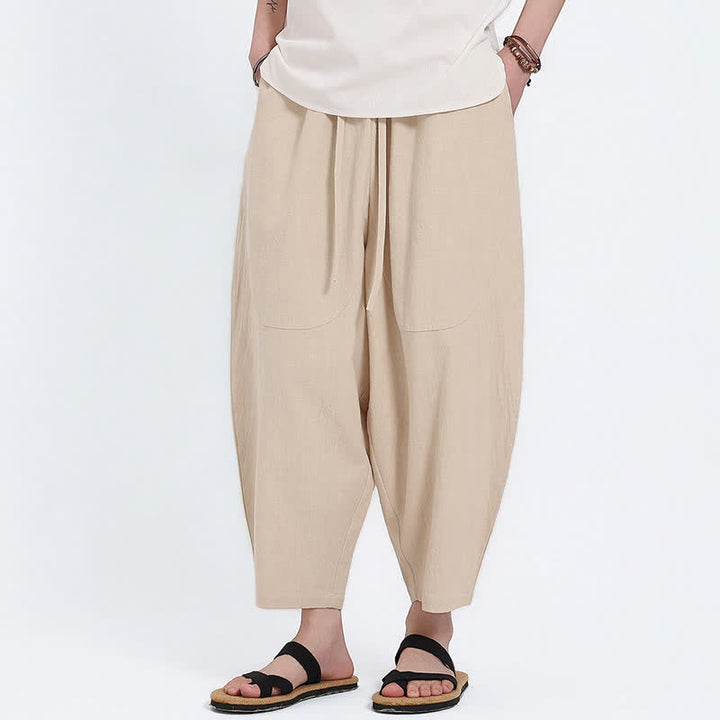 Buddha Stones Pantalones capri de algodón y lino lisos con cordón ajustable, estilo harem para hombre, con bolsillos, ideales para el verano. - image 18