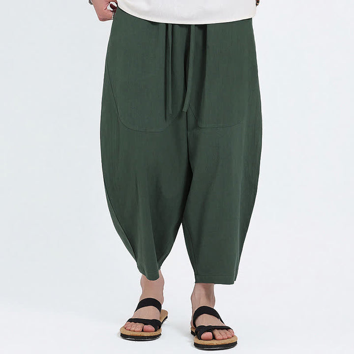 Buddha Stones Pantalones capri de algodón y lino lisos con cordón ajustable, estilo harem para hombre, con bolsillos, ideales para el verano. - Verde bosque - US/UK/AU46, EU56 (5XL) - image 0