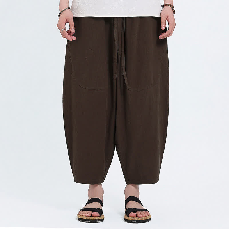 Buddha Stones Pantalones capri de algodón y lino lisos con cordón ajustable, estilo harem para hombre, con bolsillos, ideales para el verano. - image 11