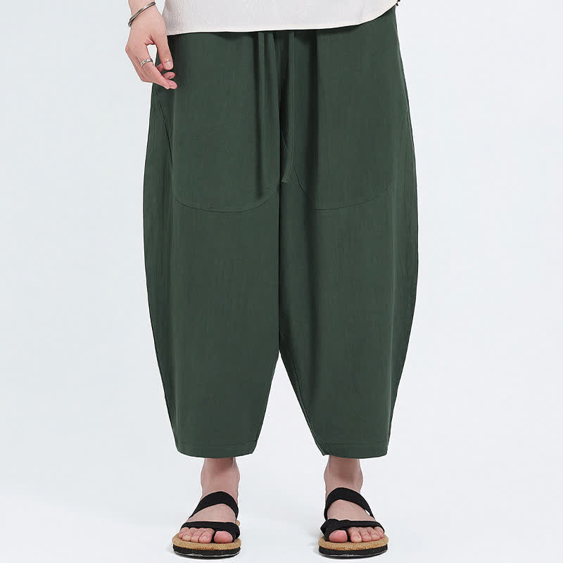 Buddha Stones Pantalones capri de algodón y lino lisos con cordón ajustable, estilo harem para hombre, con bolsillos, ideales para el verano. - image 3