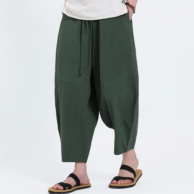 Buddha Stones Pantalones capri de algodón y lino lisos con cordón ajustable, estilo harem para hombre, con bolsillos, ideales para el verano. - image 2