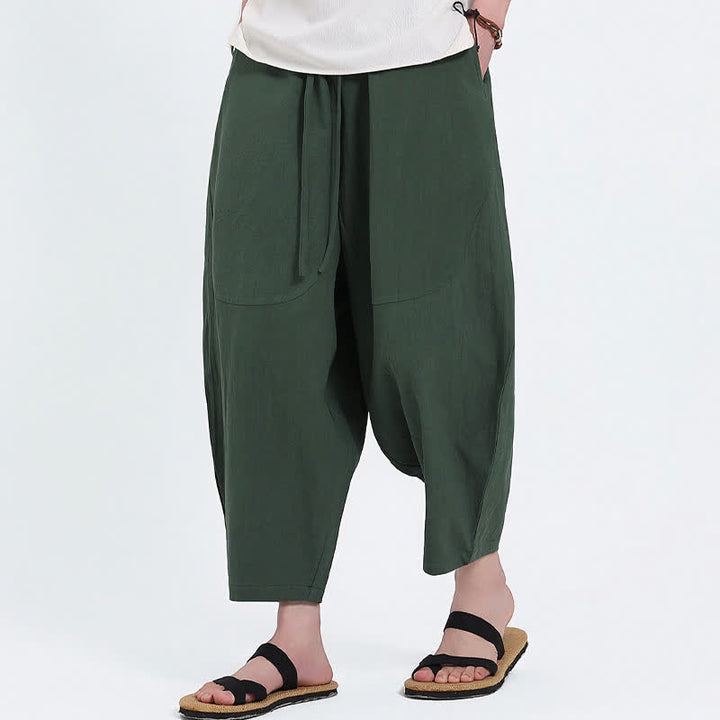 Buddha Stones Pantalones capri de algodón y lino lisos con cordón ajustable, estilo harem para hombre, con bolsillos, ideales para el verano. - image 2