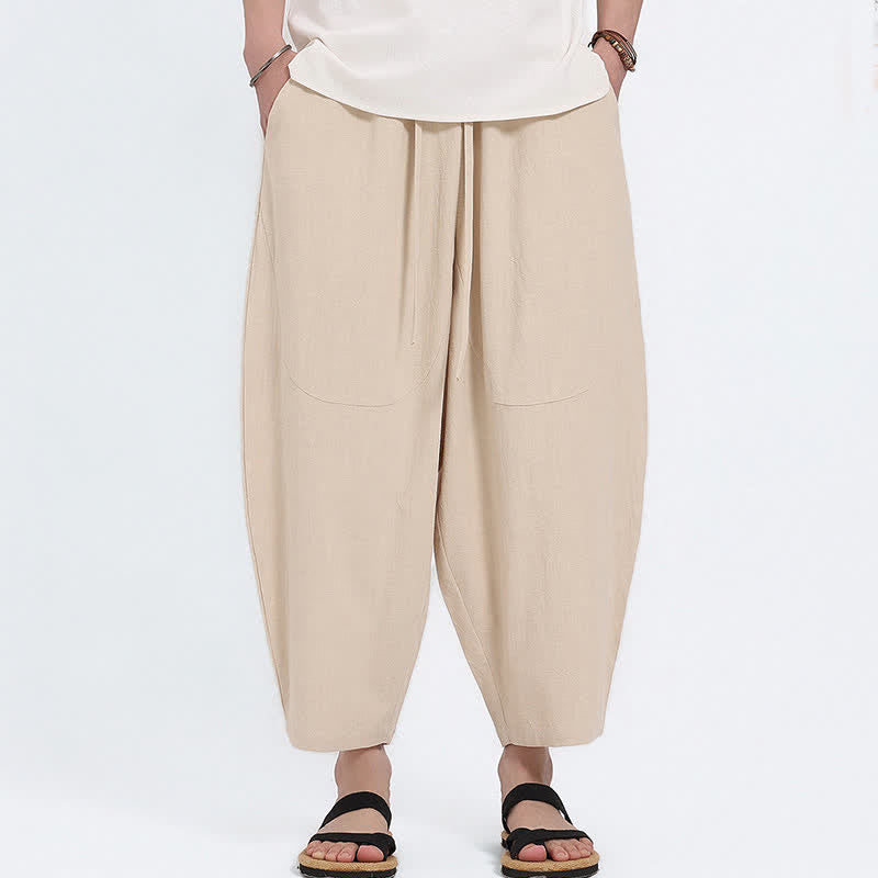 Buddha Stones Pantalones capri de algodón y lino lisos con cordón ajustable, estilo harem para hombre, con bolsillos, ideales para el verano. - image 22