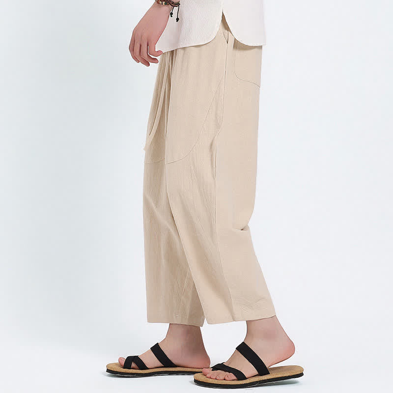 Buddha Stones Pantalones capri de algodón y lino lisos con cordón ajustable, estilo harem para hombre, con bolsillos, ideales para el verano. - image 21