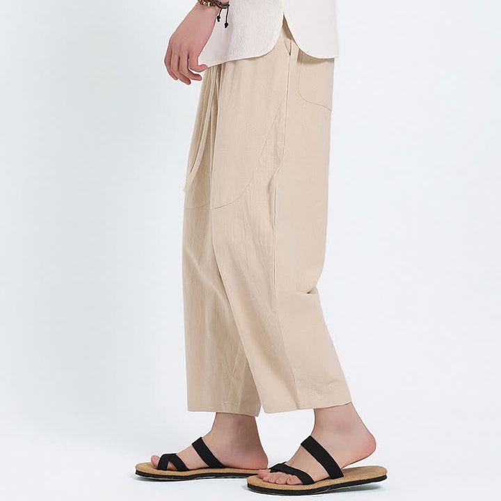 Buddha Stones Pantalones capri de algodón y lino lisos con cordón ajustable, estilo harem para hombre, con bolsillos, ideales para el verano. - image 21