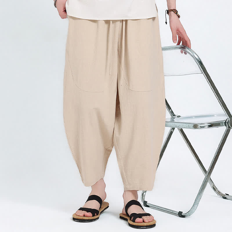 Buddha Stones Pantalones capri de algodón y lino lisos con cordón ajustable, estilo harem para hombre, con bolsillos, ideales para el verano. - image 20