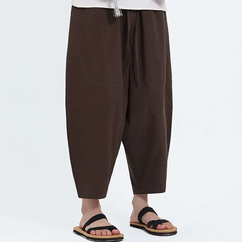 Buddha Stones Pantalones capri de algodón y lino lisos con cordón ajustable, estilo harem para hombre, con bolsillos, ideales para el verano. - image 9