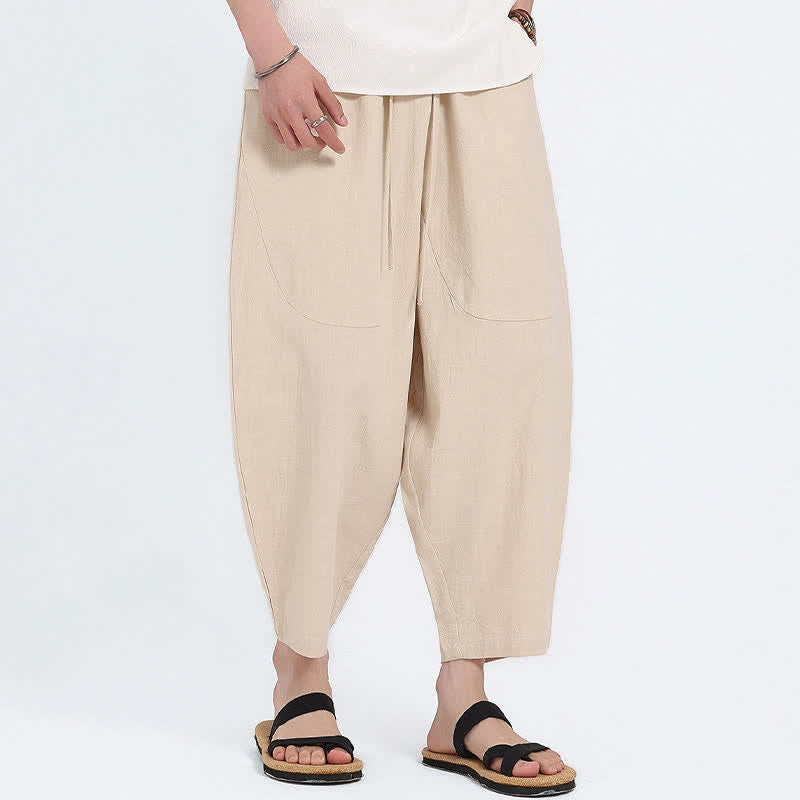 Buddha Stones Pantalones capri de algodón y lino lisos con cordón ajustable, estilo harem para hombre, con bolsillos, ideales para el verano. - image 23
