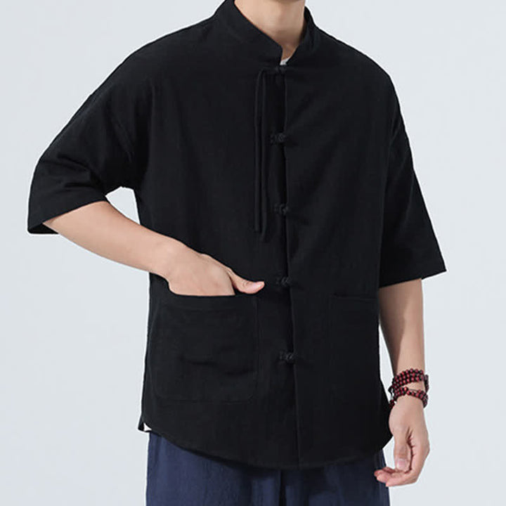 Buddha Stones Camisas de manga hasta el codo para hombre, estilo casual, con cuello mandarín, botones de rana, color liso, estilo verano Tang, con bolsillo. - image 9