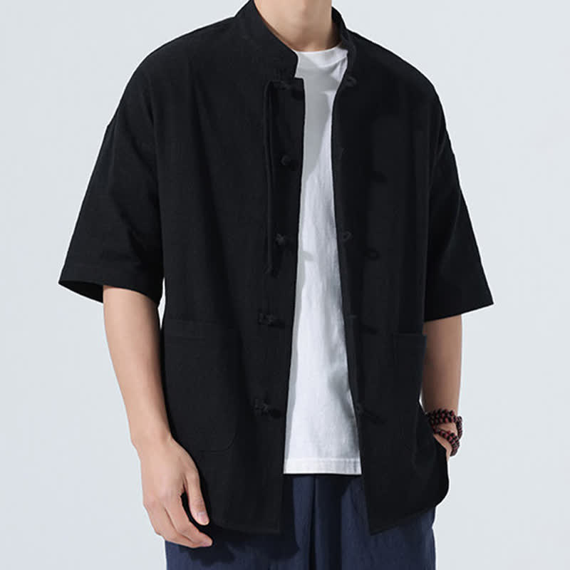 Buddha Stones Camisas de manga hasta el codo para hombre, estilo casual, con cuello mandarín, botones de rana, color liso, estilo verano Tang, con bolsillo. - Negro - US/UK/AU46, EU56 (5XL) - image 7