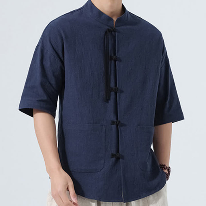Buddha Stones Camisas de manga hasta el codo para hombre, estilo casual, con cuello mandarín, botones de rana, color liso, estilo verano Tang, con bolsillo. - image 6