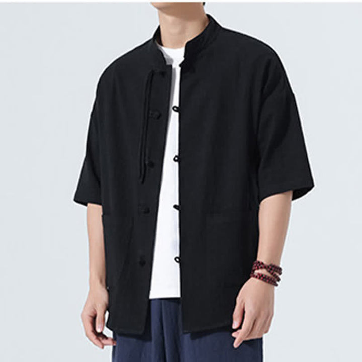 Buddha Stones Camisas de manga hasta el codo para hombre, estilo casual, con cuello mandarín, botones de rana, color liso, estilo verano Tang, con bolsillo. - image 13