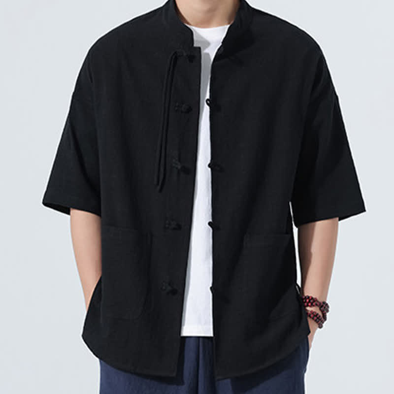 Buddha Stones Camisas de manga hasta el codo para hombre, estilo casual, con cuello mandarín, botones de rana, color liso, estilo verano Tang, con bolsillo. - image 11