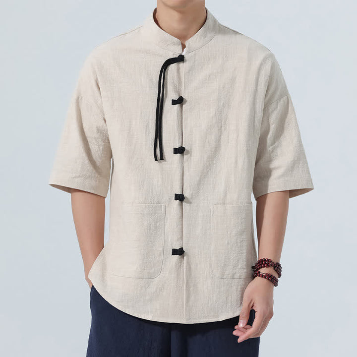 Buddha Stones Camisas de manga hasta el codo para hombre, estilo casual, con cuello mandarín, botones de rana, color liso, estilo verano Tang, con bolsillo. - Lino - US/UK/AU46, EU56 (5XL) - image 14