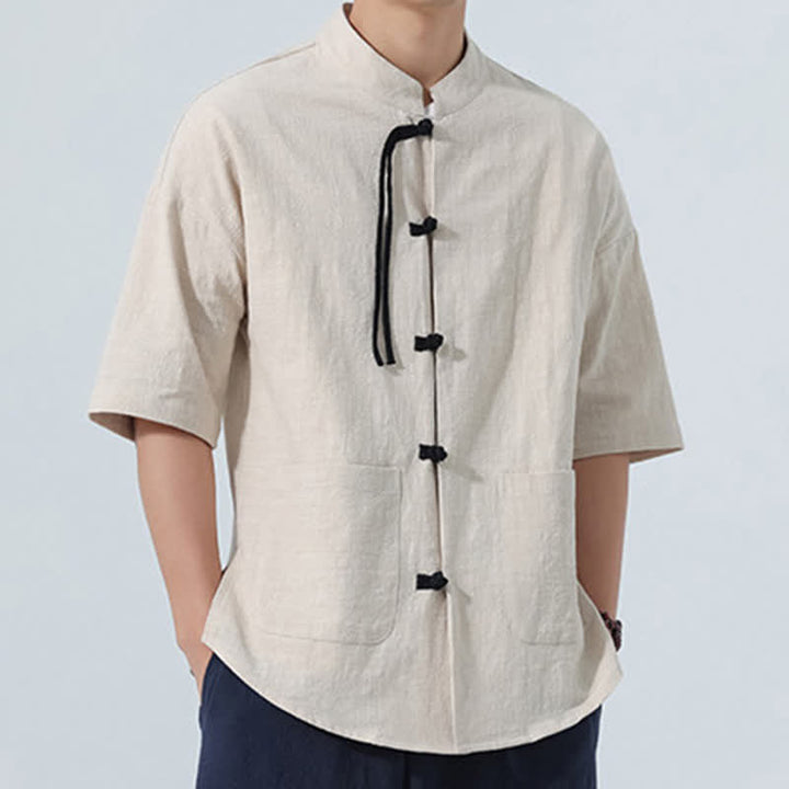 Buddha Stones Camisas de manga hasta el codo para hombre, estilo casual, con cuello mandarín, botones de rana, color liso, estilo verano Tang, con bolsillo. - image 21