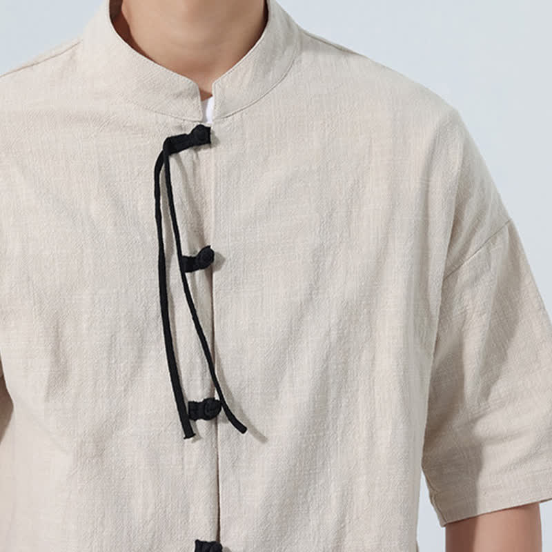 Buddha Stones Camisas de manga hasta el codo para hombre, estilo casual, con cuello mandarín, botones de rana, color liso, estilo verano Tang, con bolsillo. - image 20