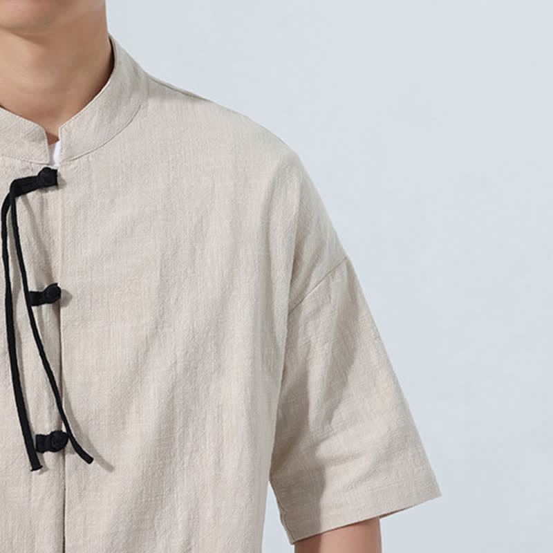 Buddha Stones Camisas de manga hasta el codo para hombre, estilo casual, con cuello mandarín, botones de rana, color liso, estilo verano Tang, con bolsillo. - image 22