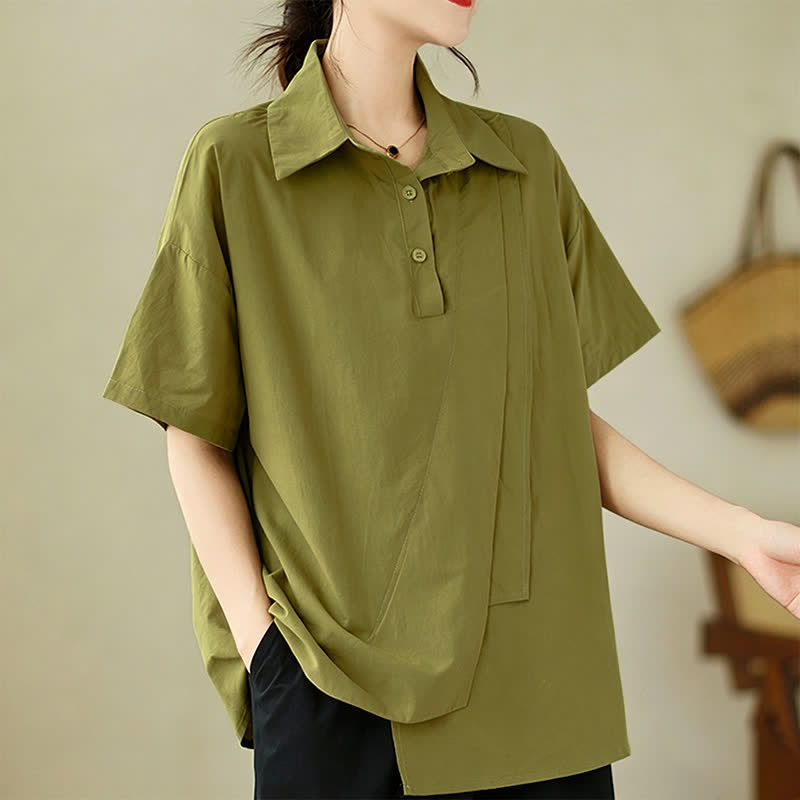 Buddha Stones Camisa de manga corta para mujer, estilo casual de verano, minimalista, con botones, diseño asimétrico y capas. - image 1