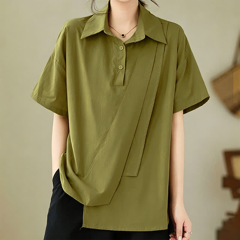 Buddha Stones Camisa de manga corta para mujer, estilo casual de verano, minimalista, con botones, diseño asimétrico y capas. - Verde amarillento - US14, UK/AU18, EU46 (3XL) - image 0