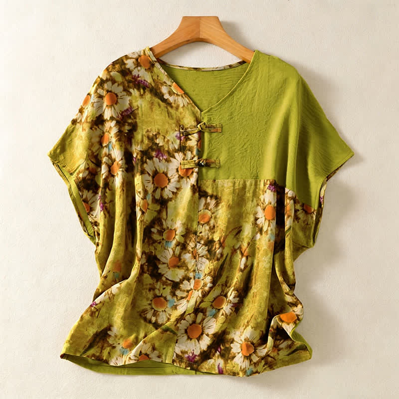 Buddha Stones Camisas de manga corta para mujer estilo Tang vintage casual de verano con estampado floral de girasoles Pankou - Verde amarillento - US4-12, UK/AU8-16, EU36-44 (F) - image 0