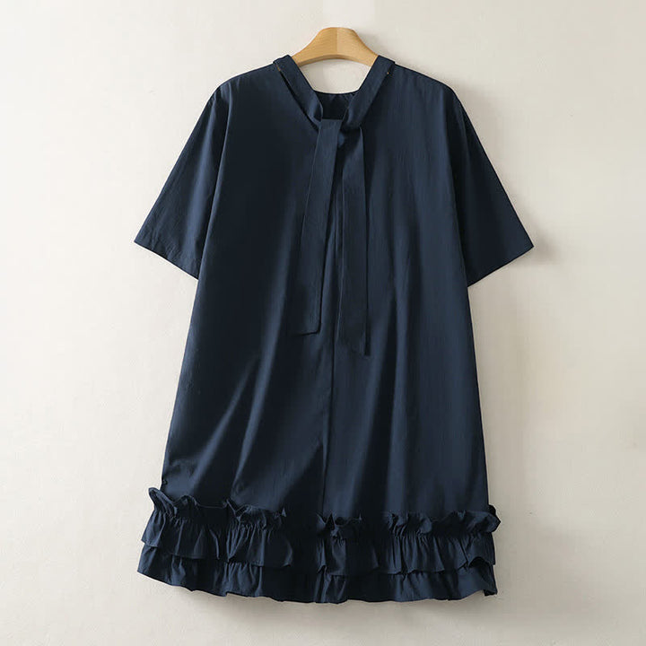 Buddha Stones Vestido de mujer de manga corta, elegante, informal, con cuello anudado y bajo con volantes, estilo casual de verano. - Azul medianoche - US14, UK/AU18, EU46 (2XL) - image 0