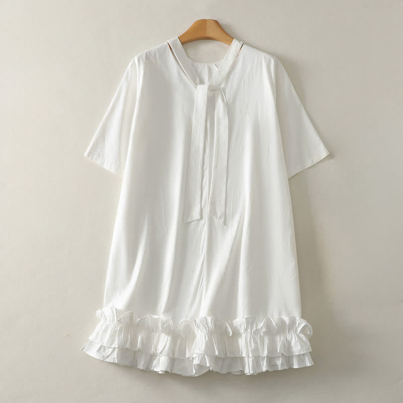 Buddha Stones Vestido de mujer de manga corta, elegante, informal, con cuello anudado y bajo con volantes, estilo casual de verano. - Blanco - US14, UK/AU18, EU46 (2XL) - image 2