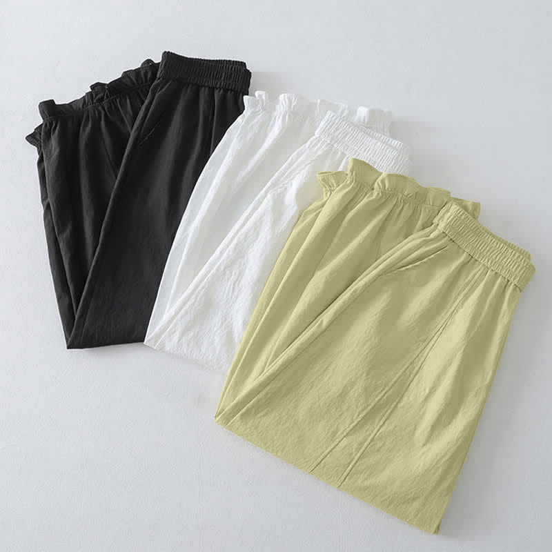 Buddha Stones Pantalones tobilleros minimalistas de verano con volantes en el bajo, estilo harem para mujer con bolsillos. - image 22