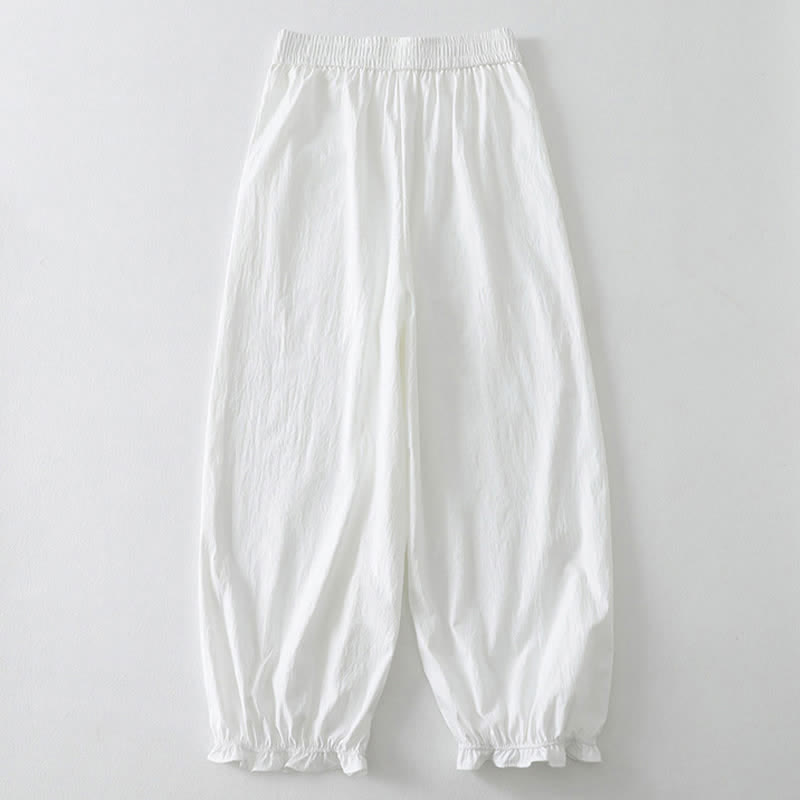 Buddha Stones Pantalones tobilleros minimalistas de verano con volantes en el bajo, estilo harem para mujer con bolsillos. - image 13
