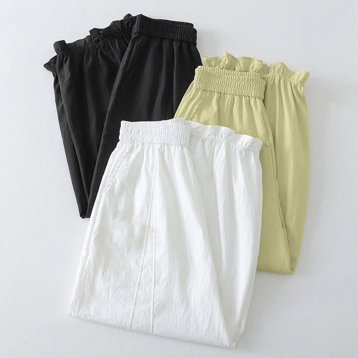 Buddha Stones Pantalones tobilleros minimalistas de verano con volantes en el bajo, estilo harem para mujer con bolsillos. - image 21