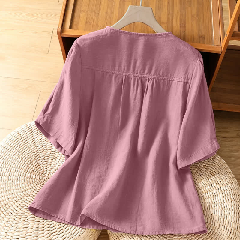Buddha Stones Camisa de manga corta para mujer, estilo casual de verano, minimalista, con cuello redondo y botones, color liso, con bolsillo de parche. - image 1