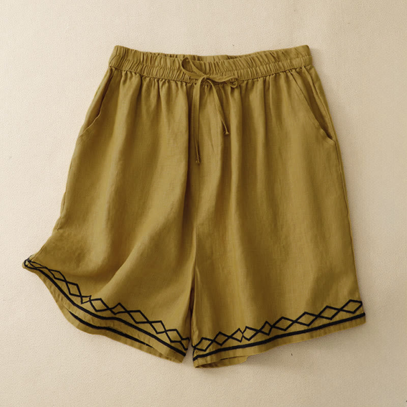 Buddha Stones Shorts de verano informales minimalistas con cordón ajustable, bordado de líneas onduladas y estampado geométrico para mujer, con bolsillos. - vara de oro - US8-10, UK/AU12-14, EU40-42 (2XL) - image 0