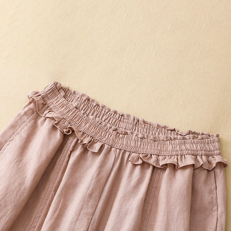 Buddha Stones Pantalones cortos de verano informales minimalistas de color liso con volantes y cintura elástica para mujer, de pierna recta y con bolsillo. - image 1
