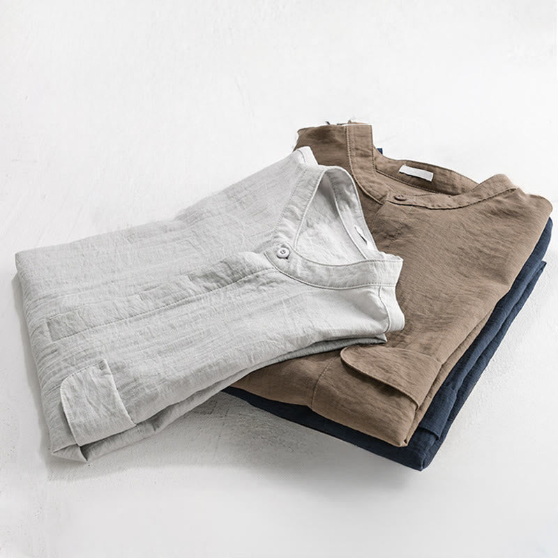 Buddha Stones Camisa de manga corta para hombre, estilo Tang casual de verano, con cuello mandarín, botones hasta la mitad y bolsillo decorativo. - image 17