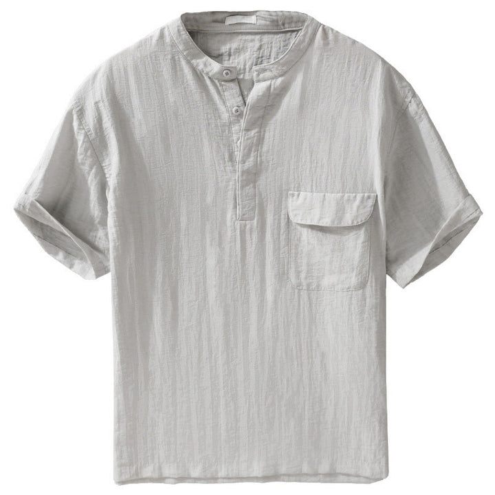 Buddha Stones Camisa de manga corta para hombre, estilo Tang casual de verano, con cuello mandarín, botones hasta la mitad y bolsillo decorativo. - image 2
