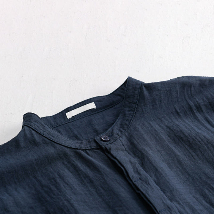 Buddha Stones Camisa de manga corta para hombre, estilo Tang casual de verano, con cuello mandarín, botones hasta la mitad y bolsillo decorativo. - image 10