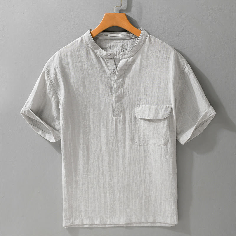 Buddha Stones Camisa de manga corta para hombre, estilo Tang casual de verano, con cuello mandarín, botones hasta la mitad y bolsillo decorativo. - Gainsboro - US/UK/AU42, EU52 (3XL) - image 0