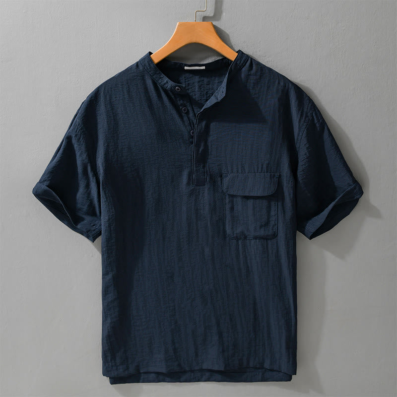 Buddha Stones Camisa de manga corta para hombre, estilo Tang casual de verano, con cuello mandarín, botones hasta la mitad y bolsillo decorativo. - Azul medianoche - US/UK/AU42, EU52 (3XL) - image 9