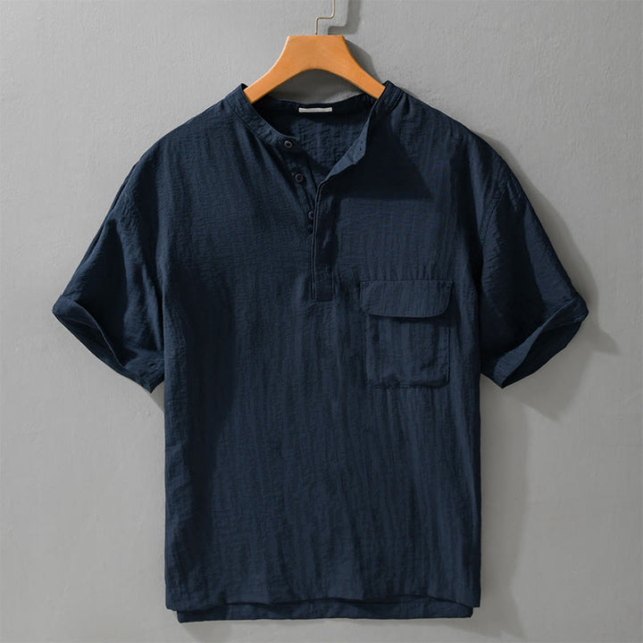 Buddha Stones Camisa de manga corta para hombre, estilo Tang casual de verano, con cuello mandarín, botones hasta la mitad y bolsillo decorativo. - Azul medianoche - US/UK/AU42, EU52 (3XL) - image 9