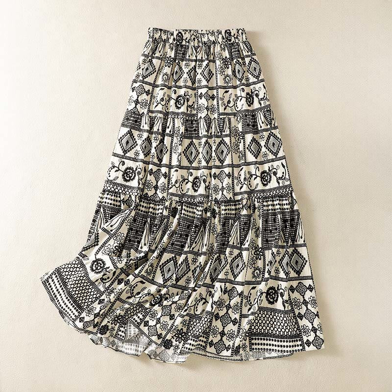 Buddha Stones Falda de mujer de estilo bohemio casual de verano en negro y beige con estampado geométrico floral. - Beige - US4-6, UK/AU8-10, UE 36-38 (SM) - image 0