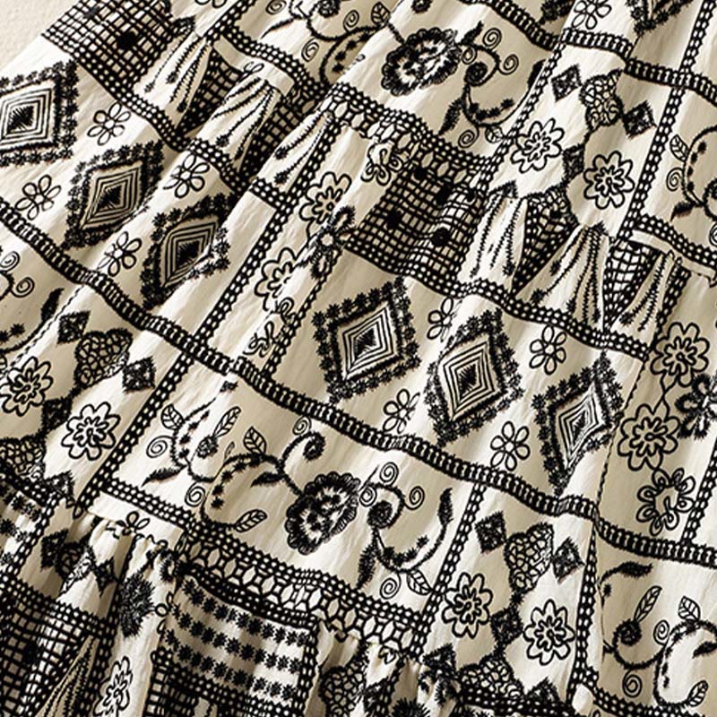 Buddha Stones Falda de mujer de estilo bohemio casual de verano en negro y beige con estampado geométrico floral. - image 5