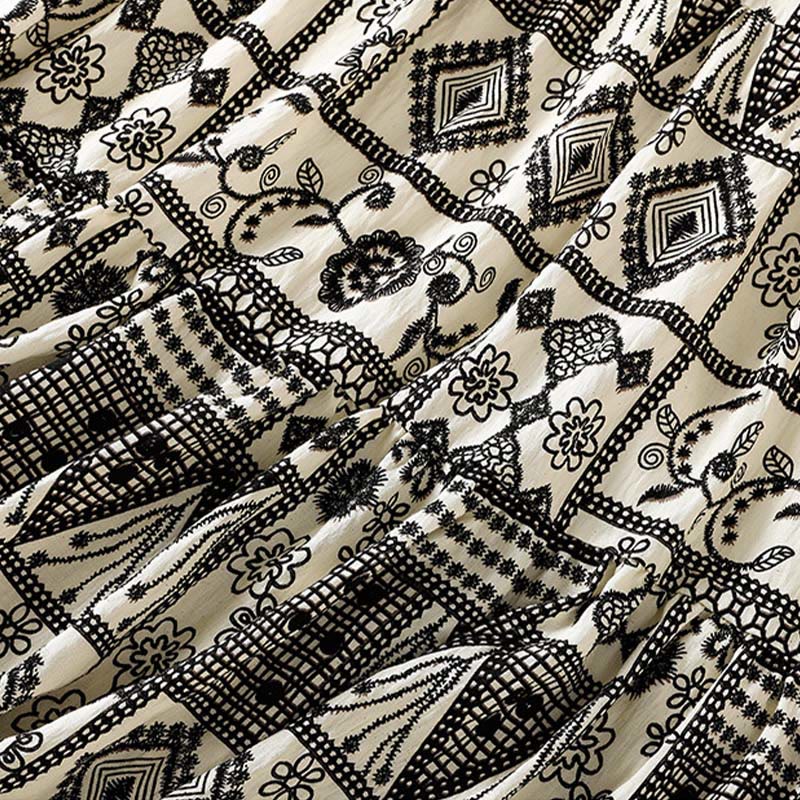 Buddha Stones Falda de mujer de estilo bohemio casual de verano en negro y beige con estampado geométrico floral. - image 6