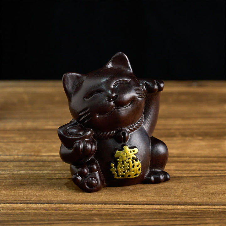 Buddha Stones Gato de la suerte para atraer la riqueza, adorno de bendición tallado en madera de ébano - Ébano - 20 cm (El color y el tamaño pueden variar) - image 0