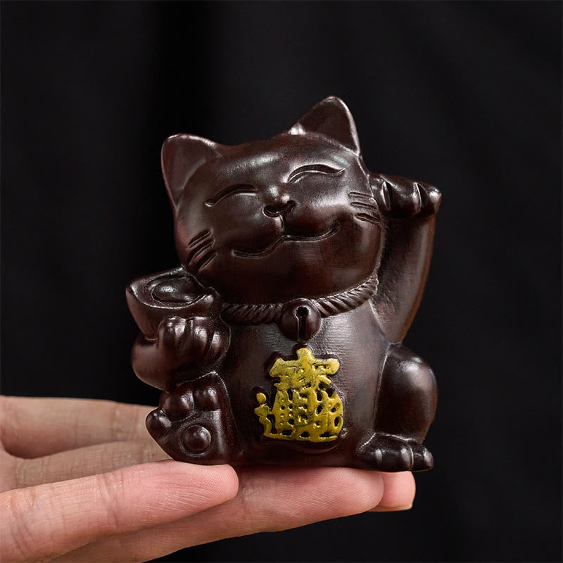 Buddha Stones Gato de la suerte para atraer la riqueza, adorno de bendición tallado en madera de ébano - image 7