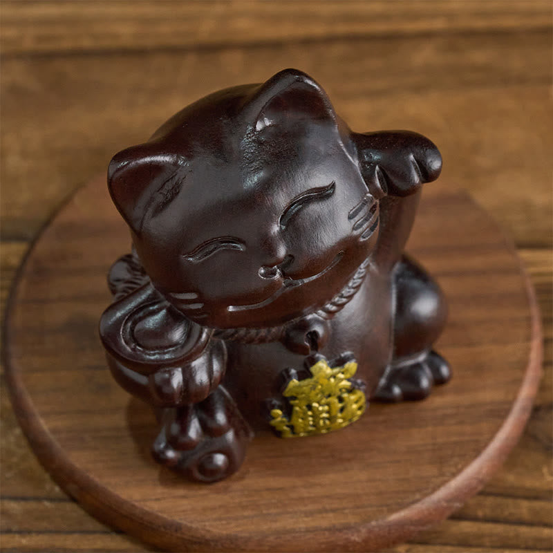 Buddha Stones Gato de la suerte para atraer la riqueza, adorno de bendición tallado en madera de ébano - image 2