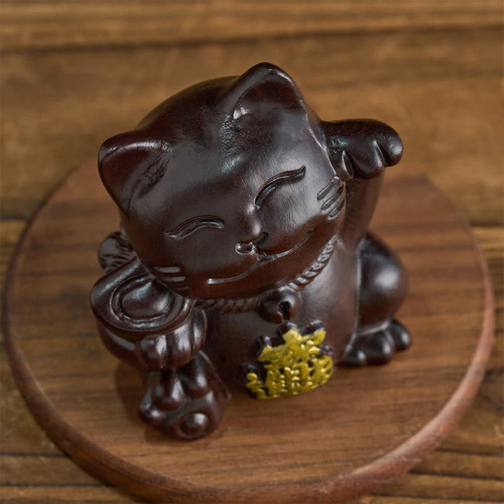 Buddha Stones Gato de la suerte para atraer la riqueza, adorno de bendición tallado en madera de ébano - image 2