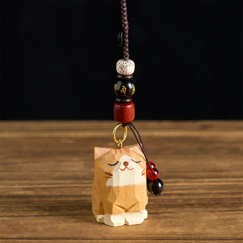 Buddha Stones Llaveros de madera tallada a mano con forma de gato, Om Mani Padme Hum Peace - image 0