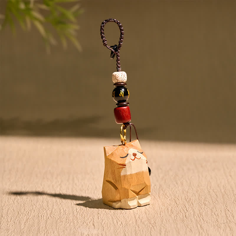 Buddha Stones Llaveros de madera tallada a mano con forma de gato, Om Mani Padme Hum Peace - image 1